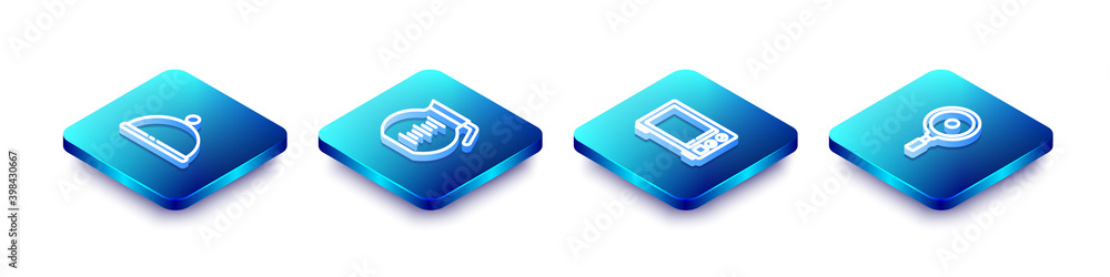 Set Isometric line Covered with tray, Coffee pot, Microwave oven and Frying pan icon. Vector. Set Isometric line Covered with tray, Coffee pot, Microwave oven and Frying pan icon. Vector.