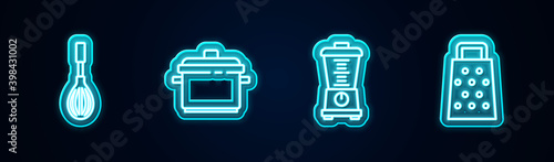 Set line Kitchen whisk, Cooking pot, Blender and Grater. Glowing neon icon. Vector.