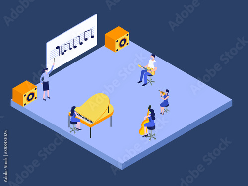 Music school classroom isometric 3d vector concept for banner, website, illustration, landing page, flyer, etc.