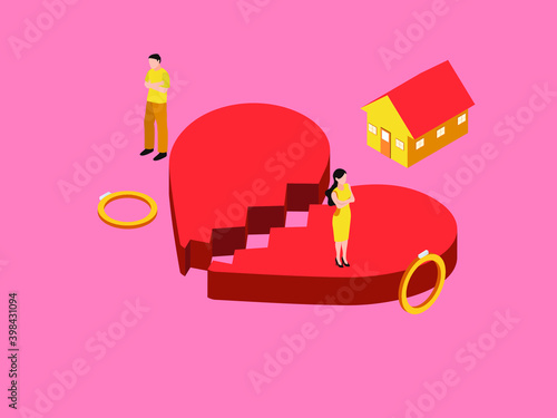 Divorce or broken heart isometric 3d vector concept for banner, website, illustration, landing page, flyer, etc.
