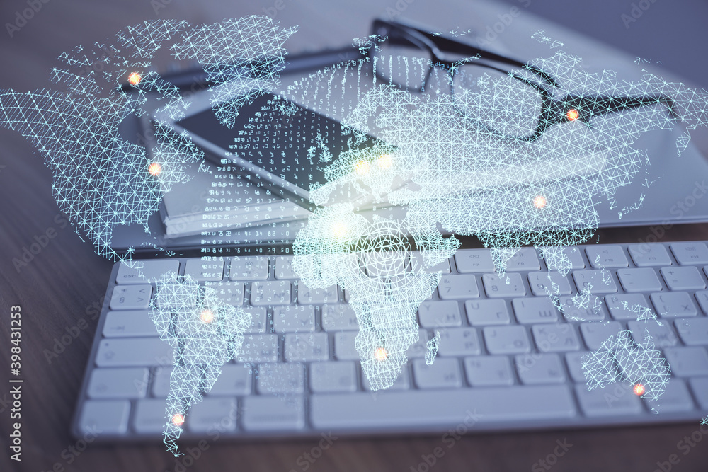 Double exposure of financial theme drawing and cell phone background. Concept of business