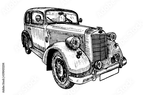 Hand drawn vector tracing vintage retro car, doodle sketch graphics monochrome illustration on white background