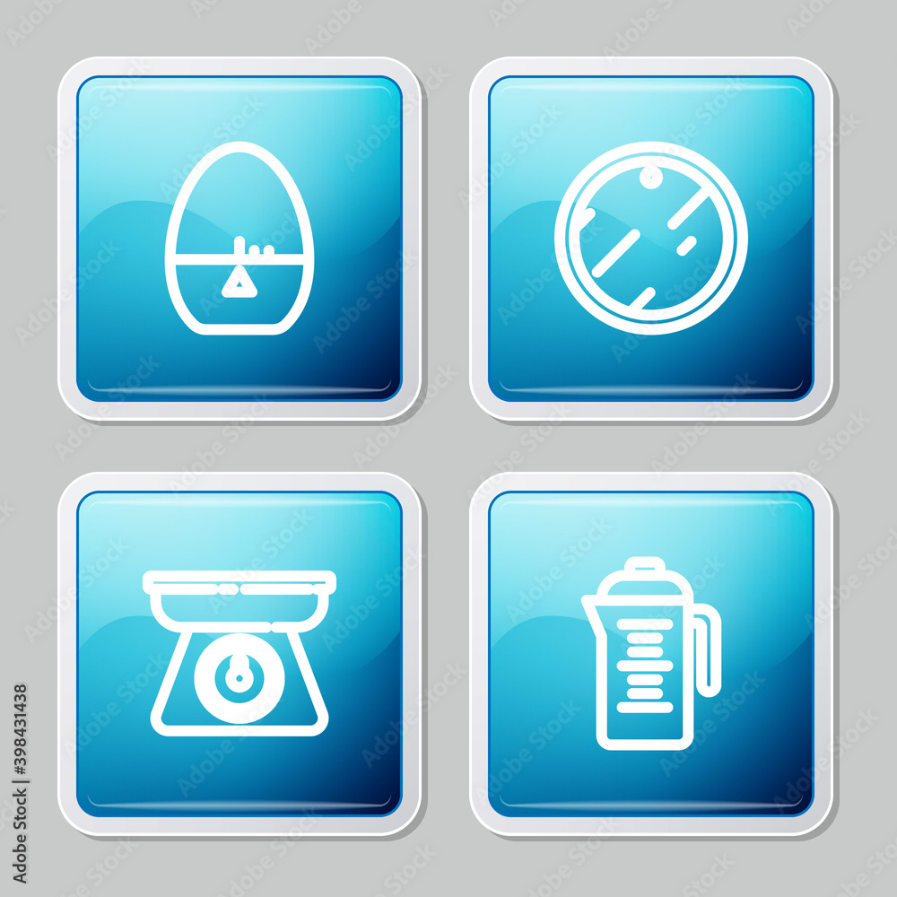 Set line Kitchen timer, Cutting board, Scales and Teapot icon. Vector. Set line Kitchen timer, Cutting board, Scales and Teapot icon. Vector.
