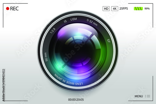 Realistic High Quality camera lens on Camera viewfinder background, Isolated. Camera photo lens. Camera screen. Camcorder viewfinder.Vector illustration for your graphic design.