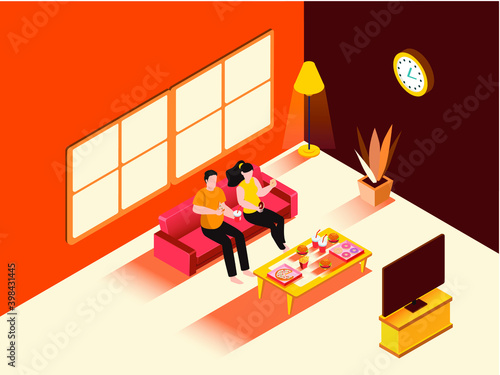 Couple eating unhealthy food isometric 3d vector concept for banner, website, illustration, landing page, flyer, etc.