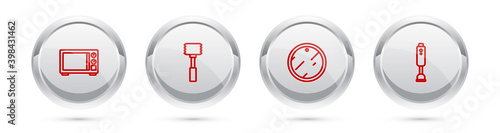Set line Microwave oven, Kitchen hammer, Cutting board and Blender. Silver circle button. Vector.