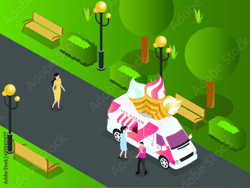 Food truck selling ice cream at park isometric 3d vector concept for banner, website, illustration, landing page, flyer, etc.