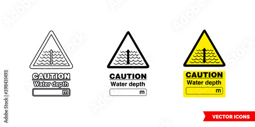 Caution water depth hazard sign icon of 3 types color, black and white, outline. Isolated vector sign symbol.