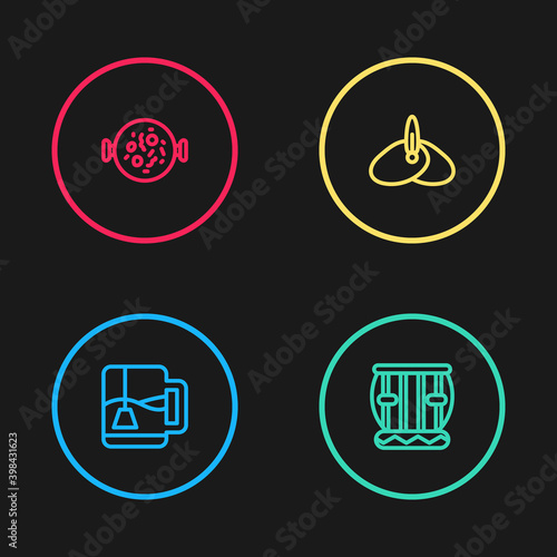 Set line Cup of tea with tea bag, Instrument tabla, Indian headgear turban and Chicken tikka masala icon. Vector.