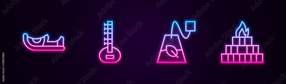 Set line Indian shoes, Sitar, Tea bag and Yagna. Glowing neon icon. Vector. Set line Indian shoes, Sitar, Tea bag and Yagna. Glowing neon icon. Vector.
