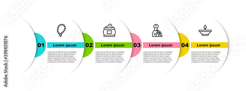 Set line Rosary beads religion, Indian spice, man plays flute and Aroma lamp. Business infographic template. Vector.