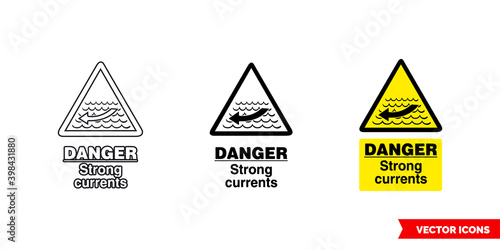 Danger strong currents hazard sign icon of 3 types color, black and white, outline. Isolated vector sign symbol.