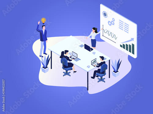 Business people brainstorming meeting isometric 3d vector concept for banner, website, illustration, landing page, flyer, etc.