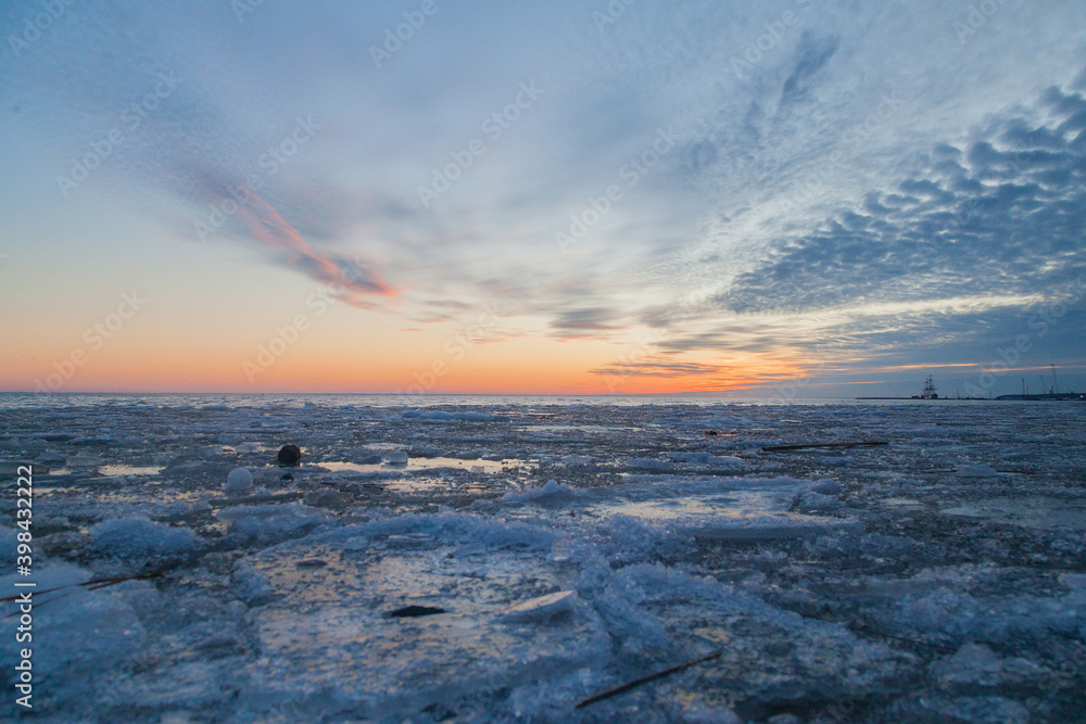 Freezing gulf of Finland sunset landscape