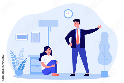 Couple quarreling with each other at home. Angry man asking crying woman to leave him, pointing at door flat vector illustration. Conflict, abuse concept for banner, website design or landing web page