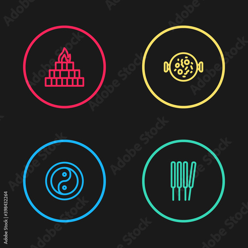 Set line Yin Yang, Aroma sticks, incense, Chicken tikka masala and Yagna icon. Vector.