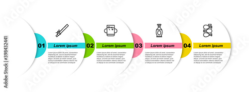 Set line Bamboo flute indian, Cup of tea and leaf, Indian vase and Tandoori chicken. Business infographic template. Vector.