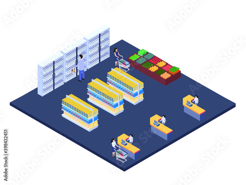 People buyin groceries in a supermarket isometric 3d vector