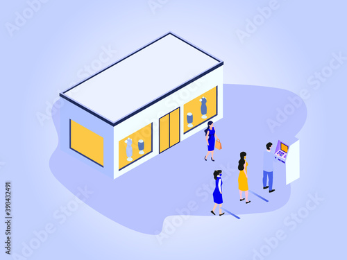 People wearing face mask taking money at an ATM for shopping at a mall isometric 3d flat vector design