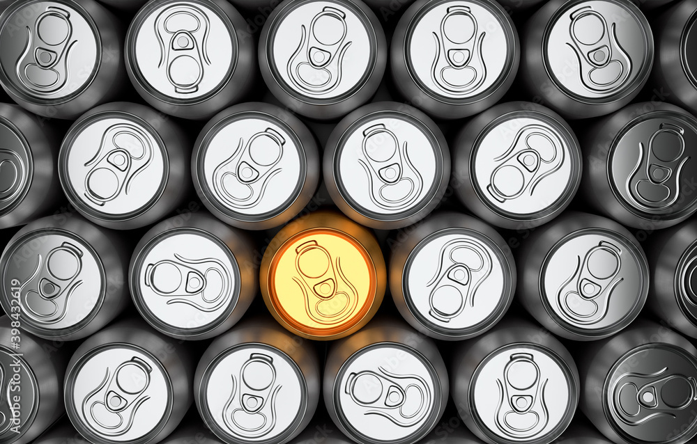 Unique golden can among group of silver recyclable cans cans. View from above Unique golden can among group of silver recyclable cans cans. View from above