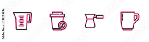 Set line Jug glass with water, Coffee turk, cup to go and icon. Vector.