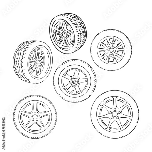 Auto wheels line icons. Vector thin line illustration of different wheels. wheel vector sketch illustration
