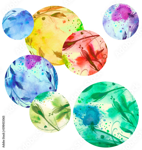 Watercolor background. Round floral element. Art pattern, cover, banner. Beautiful multicolored watercolor paint splash. Flower, wild plant, leaf, spot. For design. Abstract element. fractal, bio