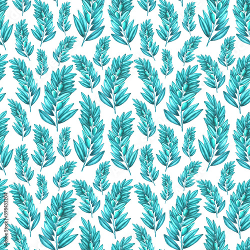 Watercolor seamless pattern with turquoise olive brunches. Hand drawn brunches of olives tree isolated on white background. Cute pattern design for home textile, decor, wedding decor, invitations.