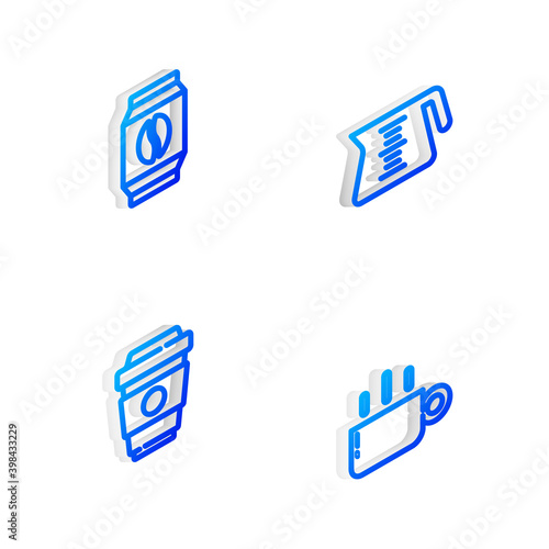 Set Isometric line Coffee pot  Bag coffee beans  cup to go and icon. Vector.