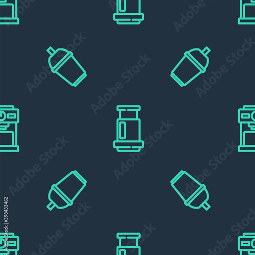 Set line Aeropress coffee, Coffee cup to go and machine on seamless pattern. Vector.