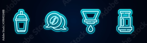 Set line Coffee cup to go, and conversation, V60 coffee maker and Aeropress. Glowing neon icon. Vector.