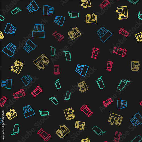 Set line Glass with water, Milkshake, Coffee machine and Aeropress coffee on seamless pattern. Vector.