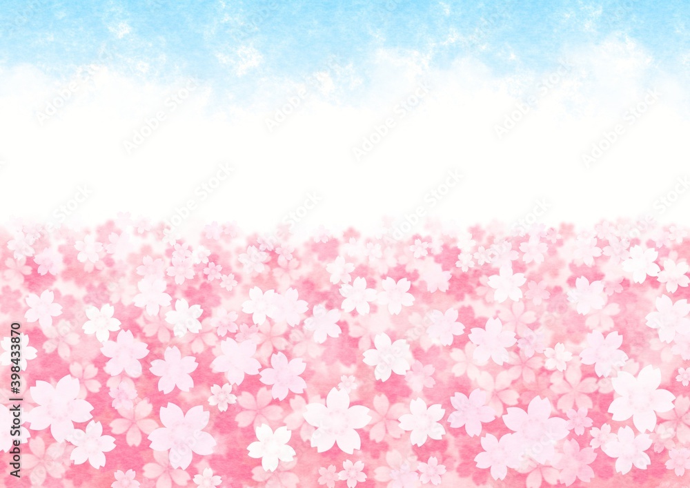 咲き広がる桜と空の背景イラスト