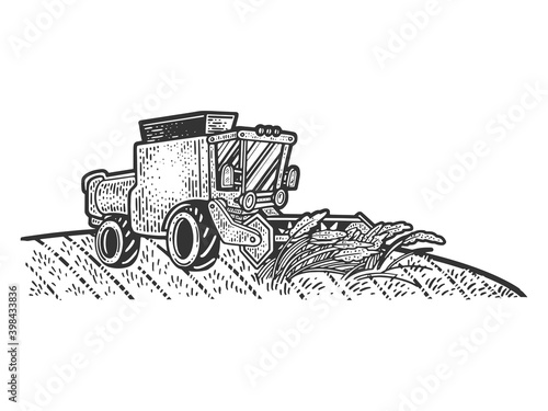 combine harvester in wheat field sketch engraving vector illustration. T-shirt apparel print design. Scratch board imitation. Black and white hand drawn image.