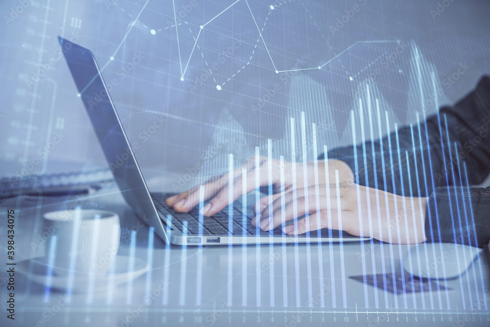 Double exposure of businesswoman hands typing on computer and forex graph hologram drawing. Financial analysis concept. Double exposure of businesswoman hands typing on computer and forex graph hologram drawing. Financial analysis concept.