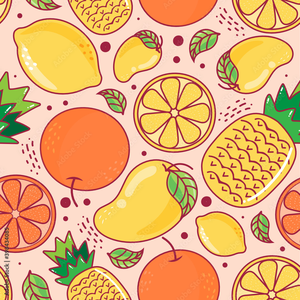 seamless pattern with fruits. pineapple, mango, lemon, orange seamless pattern with fruits. pineapple, mango, lemon, orange