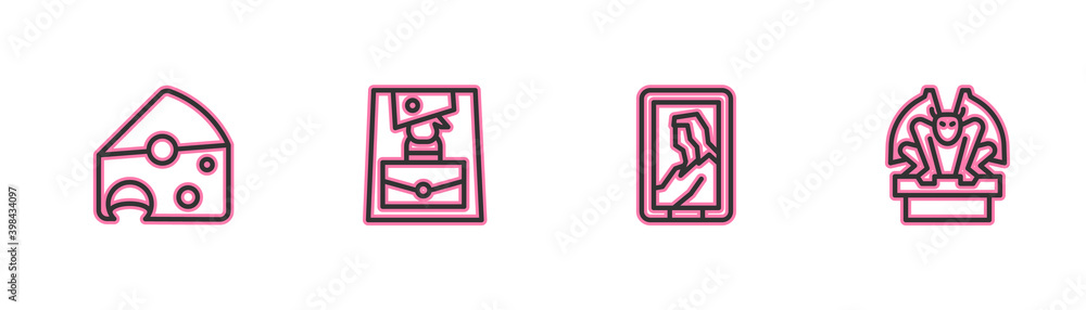 Set line Cheese, Portrait in museum, Handbag and Gargoyle on pedestal icon. Vector. Set line Cheese, Portrait in museum, Handbag and Gargoyle on pedestal icon. Vector.