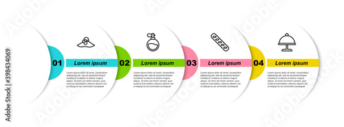 Set line Elegant women hat, Perfume, French baguette bread and Covered with tray. Business infographic template. Vector.