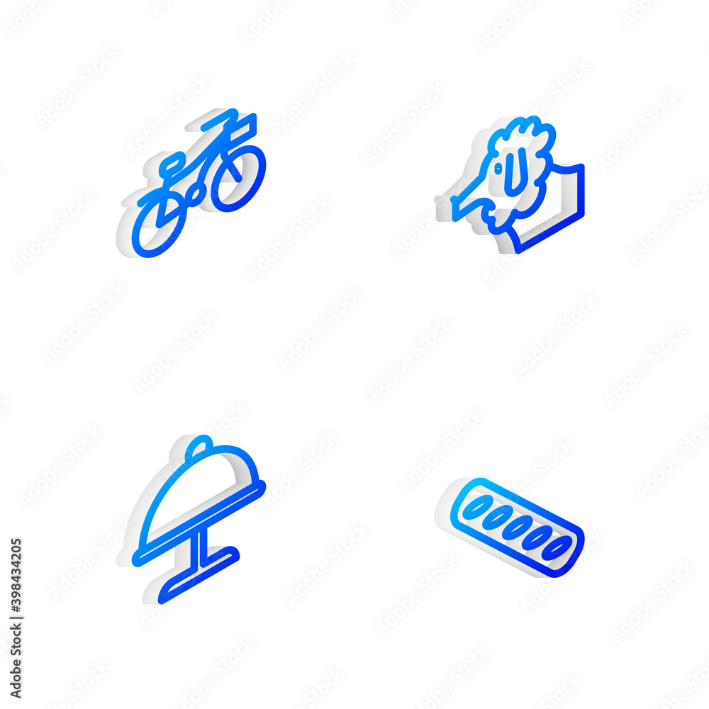Set Isometric line Poodle dog, Bicycle, Covered with tray and French baguette bread icon. Vector. Set Isometric line Poodle dog, Bicycle, Covered with tray and French baguette bread icon. Vector.