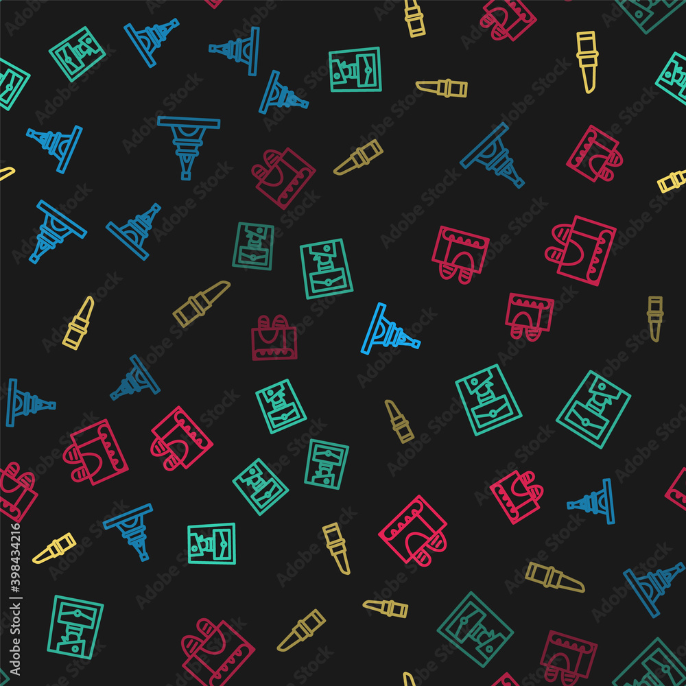 Set line Eiffel tower, Handbag, Lipstick and French baguette bread on seamless pattern. Vector. Set line Eiffel tower, Handbag, Lipstick and French baguette bread on seamless pattern. Vector.