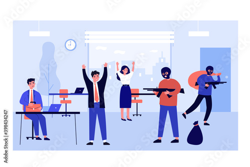 Armed robbers taking hostages and robbing office. Criminals in balaclavas aiming guns, carrying bags flat vector illustration. Robbery, crime concept for banner, website design or landing web page
