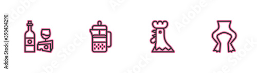 Set line Wine bottle with cheese, French rooster, press and Frog legs icon. Vector.