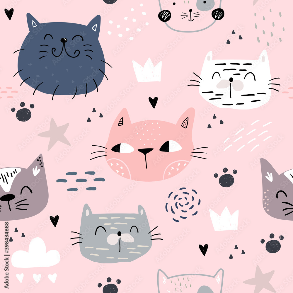 Seamless childish pattern with cute cats. Creative kids hand drawn texture for fabric, wrapping, textile, wallpaper, apparel. Vector illustration