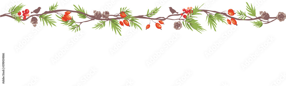 Naklejka premium Christmas seamless backgrounds. Vector illustration with fir branches, red berries and cones.