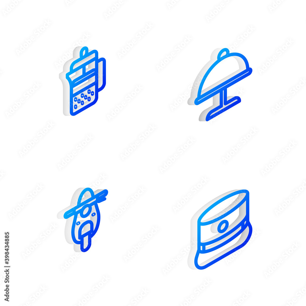 Set Isometric line Covered with tray, French press, Scooter and Kepi icon. Vector. Set Isometric line Covered with tray, French press, Scooter and Kepi icon. Vector.
