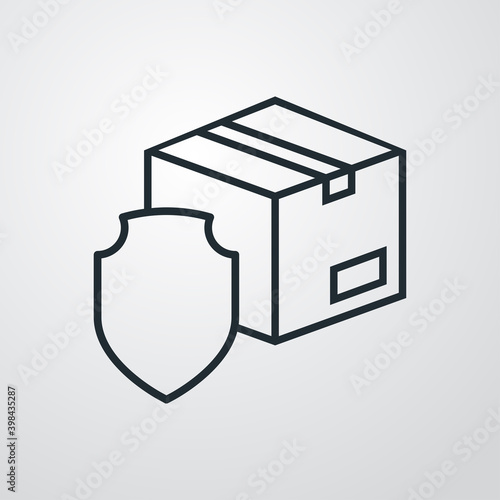 Logotipo entrega segura. Icono caja de cartón con escudo con lineas en fondo gris