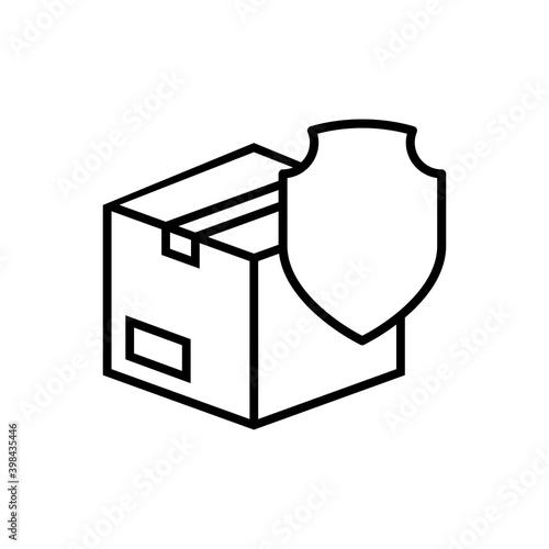 Logotipo entrega segura. Icono caja de cartón con escudo con lineas en color negro