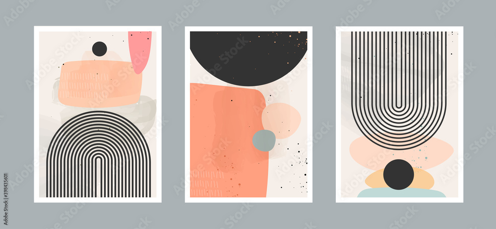 Abstract contemporary arts background with geometric balance shapes, rainbow and sun for wall decoration, postcard or brochure cover design. Vector illustrations design EPS10.