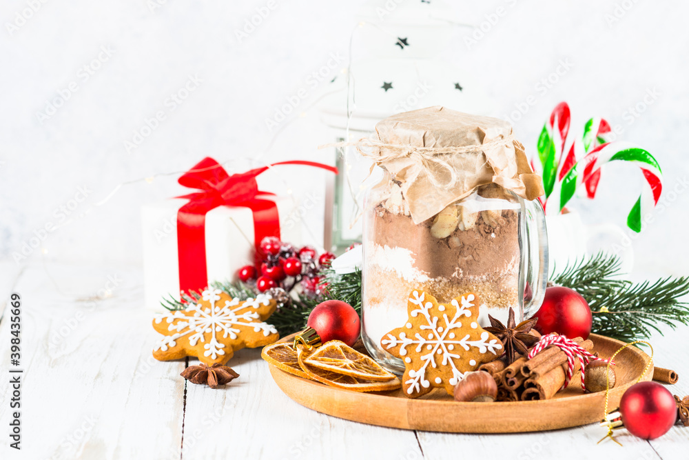 Cookies in the jar. Ingredients for christmas baking. Idea for christmas present. Cookies in the jar. Ingredients for christmas baking. Idea for christmas present.