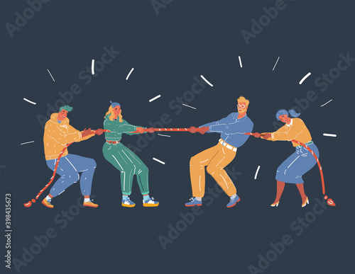 Vector illustration of business competition tug of war two vs two people. onfrontation of generations concept. ompetition, confrontation, competition on dark. Man, woman on dark background.